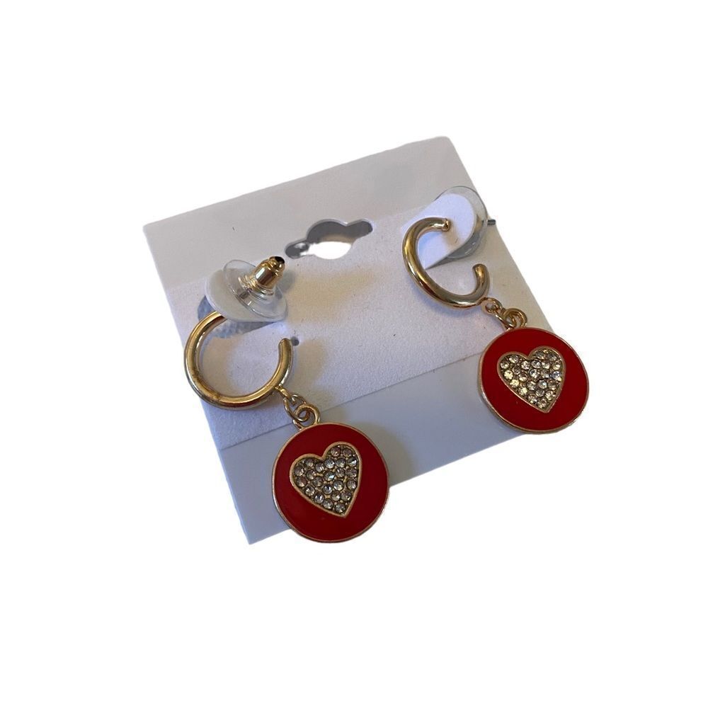 Panacea Pave Crystal & Red Heart Dangle Earrings. - Picture 3 of 6